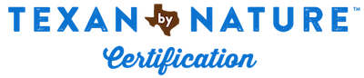 TEXAN by NATURE Certification logo in blue and orange with a Texas-themed design
