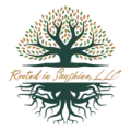 Logo with a tree design: green tree crown and roots, brown and green leaves,