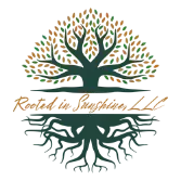 Logo with a tree design: green tree crown and roots, brown and green leaves,