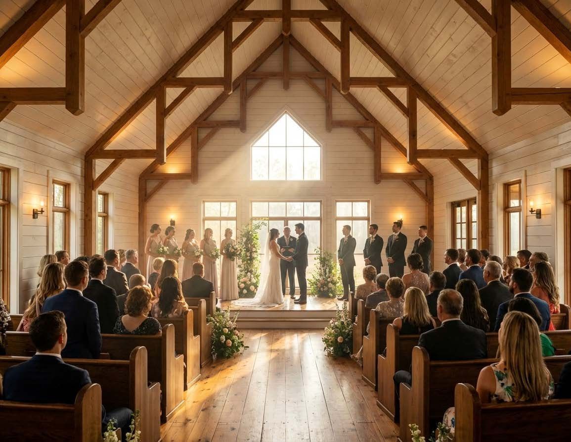 A wedding ceremony takes place in a sunlit wooden chapel with guests seated in pews facing the couple at the altar.