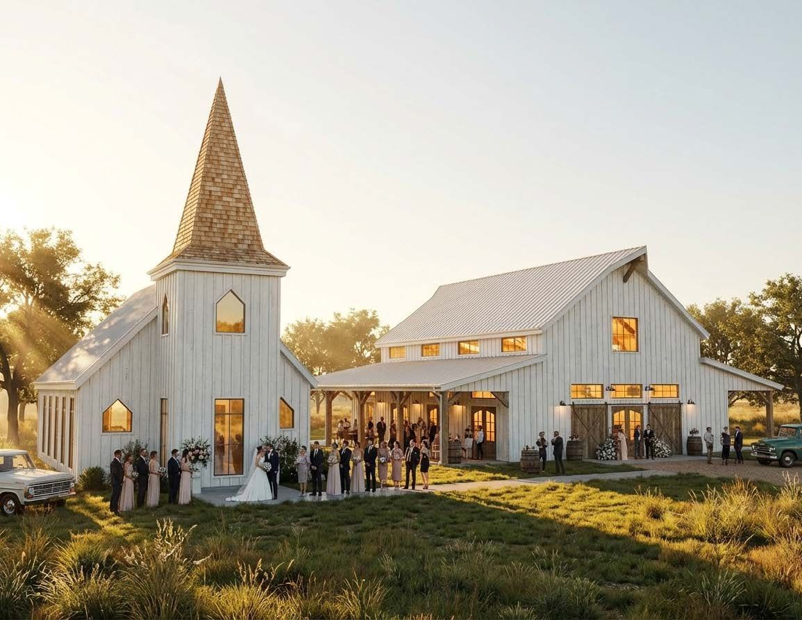 A wedding party gathers outside a rustic white church and barn venue during a sunny golden hour.