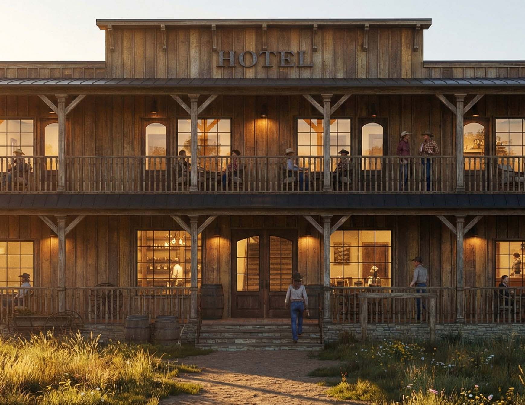 A two-story rustic wooden hotel in a Wild West style, with guests on the balcony and a person walking to the entrance.