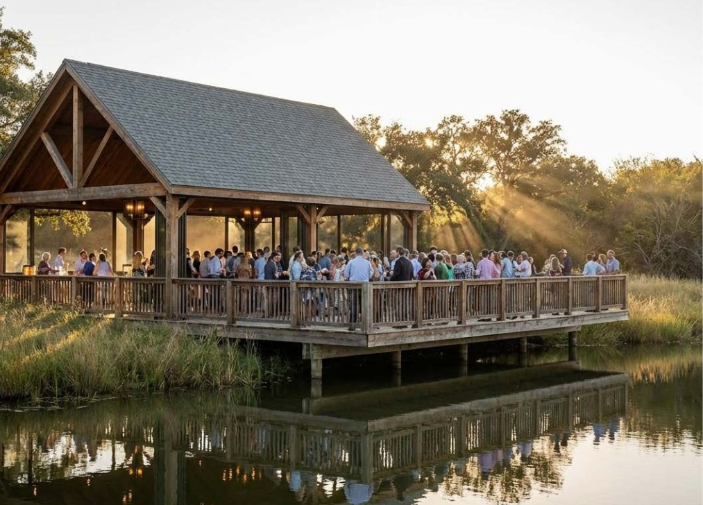 A large group of people socializes on a wooden deck under a pavilion by a lake during a sunset.