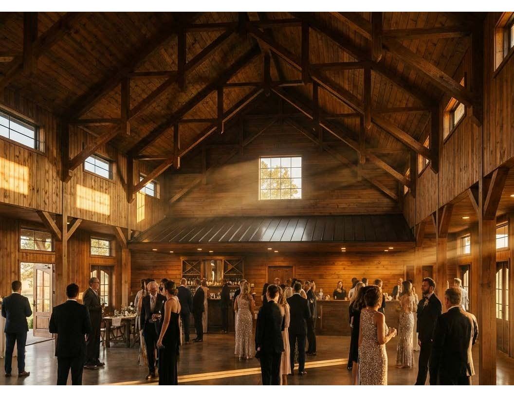Guests socialize inside a rustic, high-ceilinged wooden barn illuminated by warm shafts of golden sunlight.