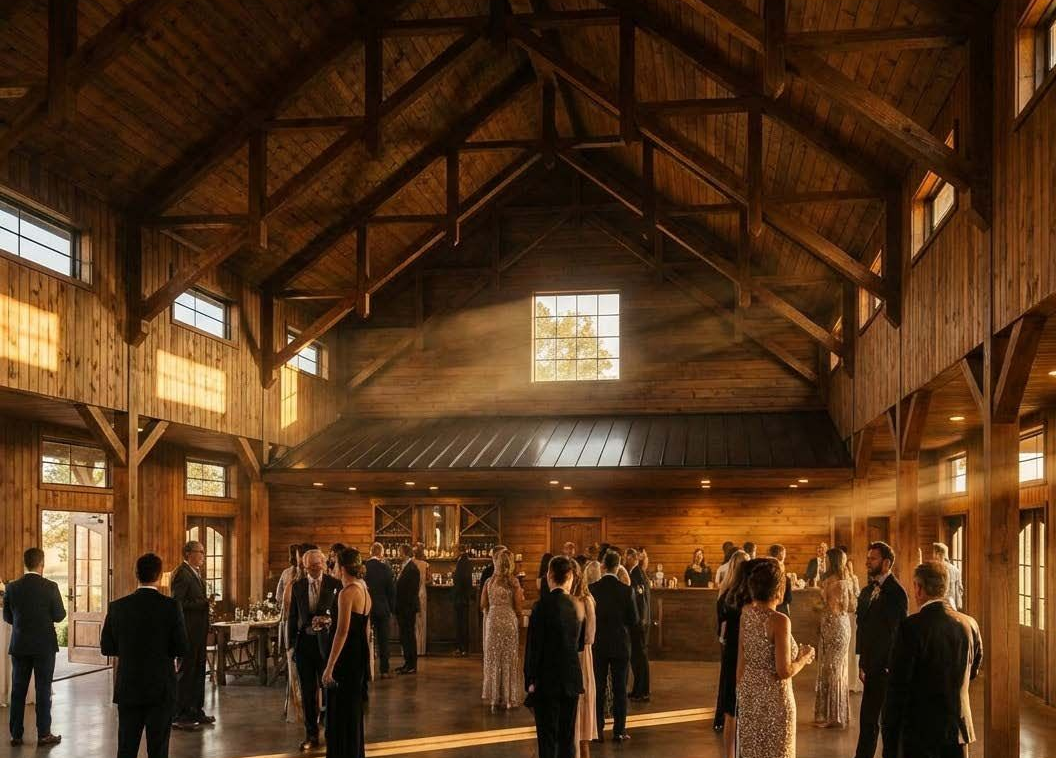 Guests mingle in a rustic wooden barn with exposed beams and warm light streaming through windows during an event.