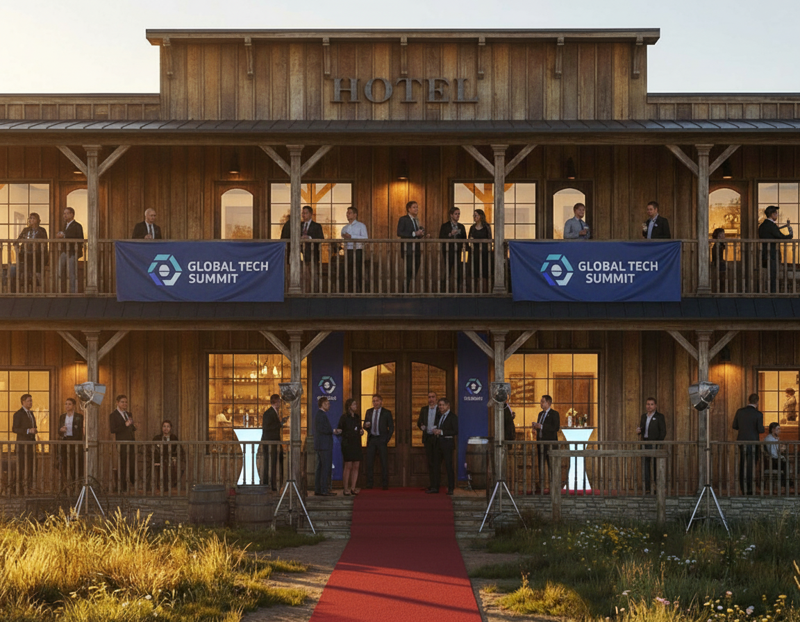 A rustic wooden building with a red carpet entry and