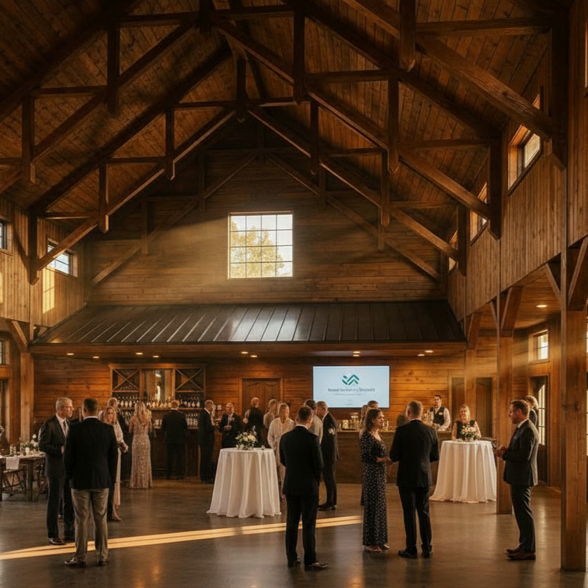 Guests mingling in a rustic wooden hall with a projected presentation screen and cocktail tables