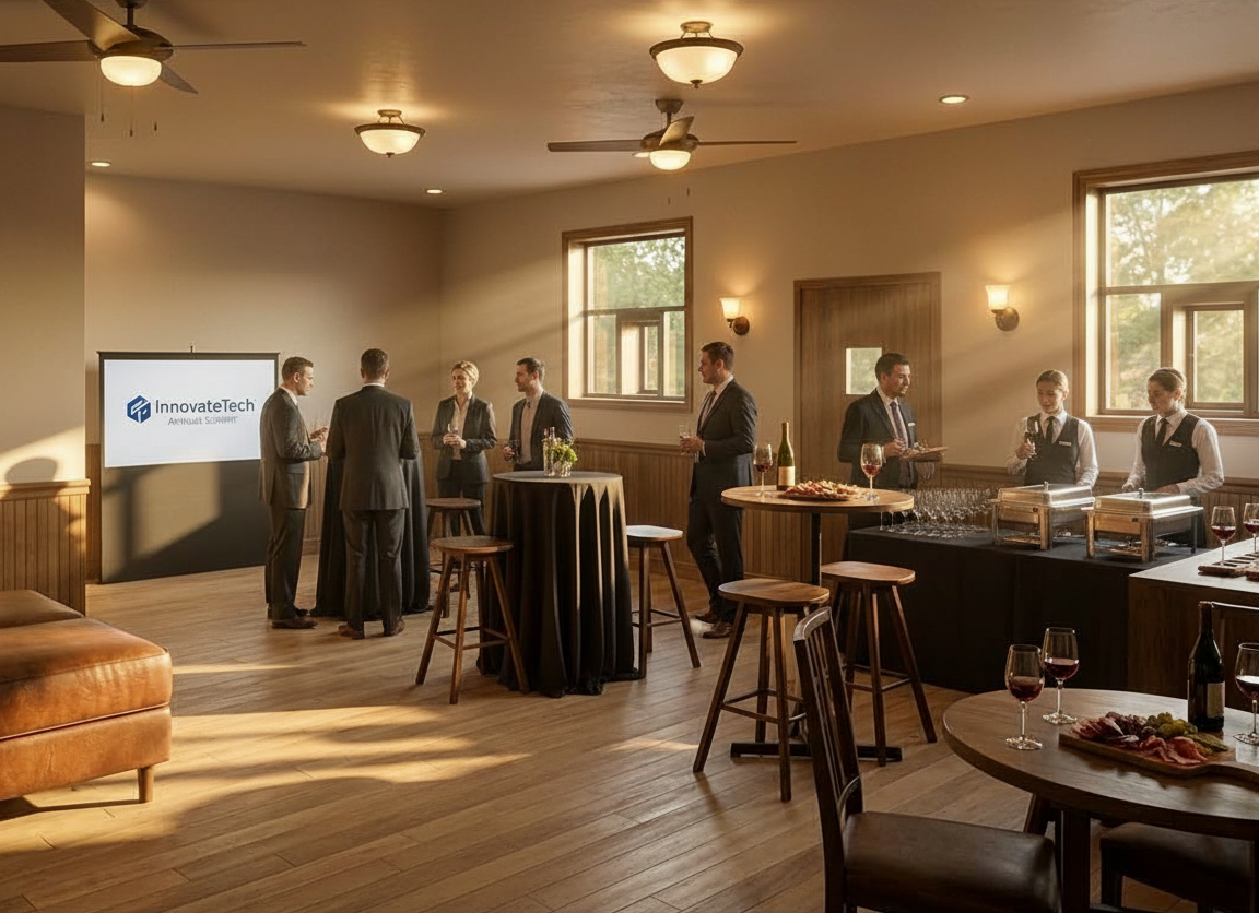 People socialize in a warm-toned event space with high-top tables, a buffet, and a presentation screen.