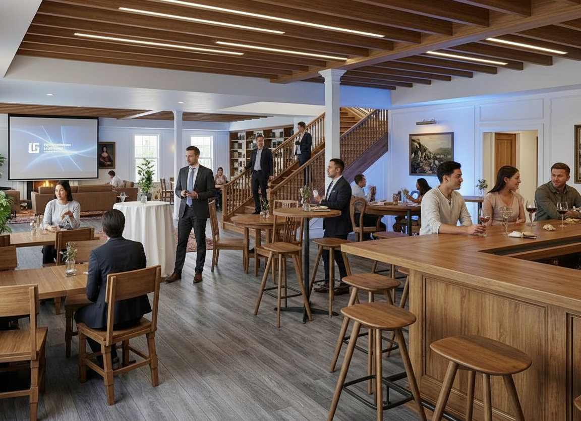 A professional business gathering in a modern open-concept space with tables, a wooden bar, and a presentation screen.