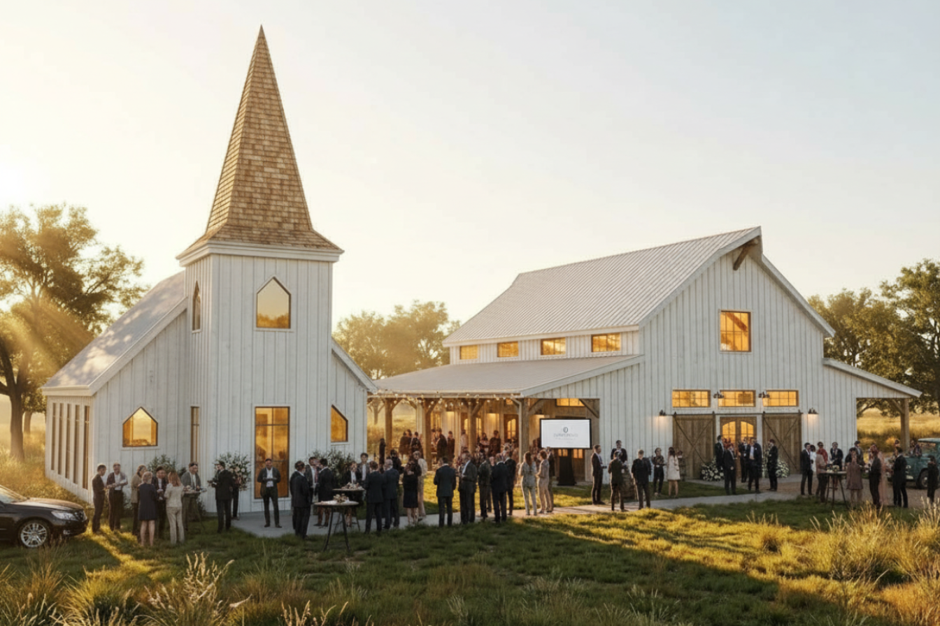 White rustic church and barn at sunset with a crowd gathered outside on a grassy field
