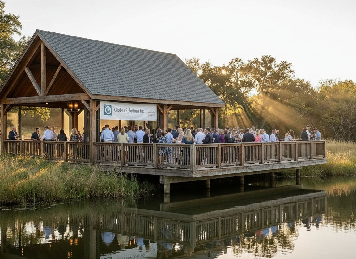 A group of people gathers on a wooden deck under a pavilion overlooking a calm pond at sunset.