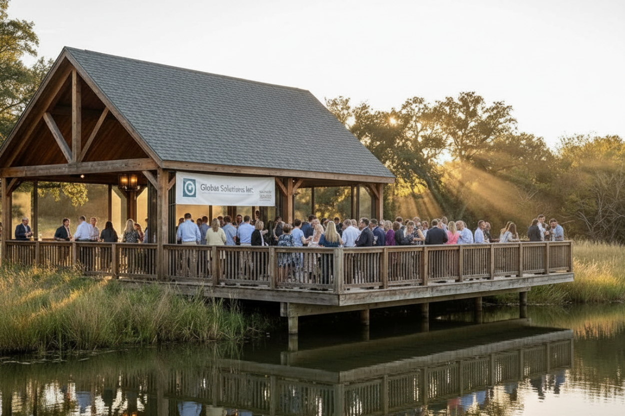 A group of people gather on a wooden deck under a timber-framed pavilion by a pond during sunset.