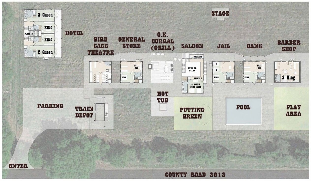 Site map of a Wild West-themed complex featuring buildings like a hotel, saloon, jail, and various outdoor amenities.