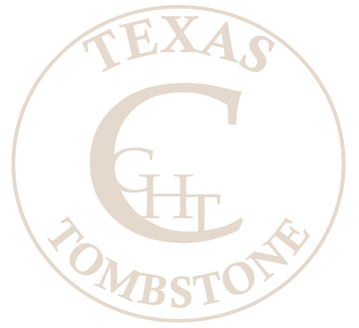 A circular beige logo featuring the words
