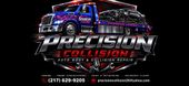 Precision Collision auto body shop logo with cars, red and blue lighting, and contact info
