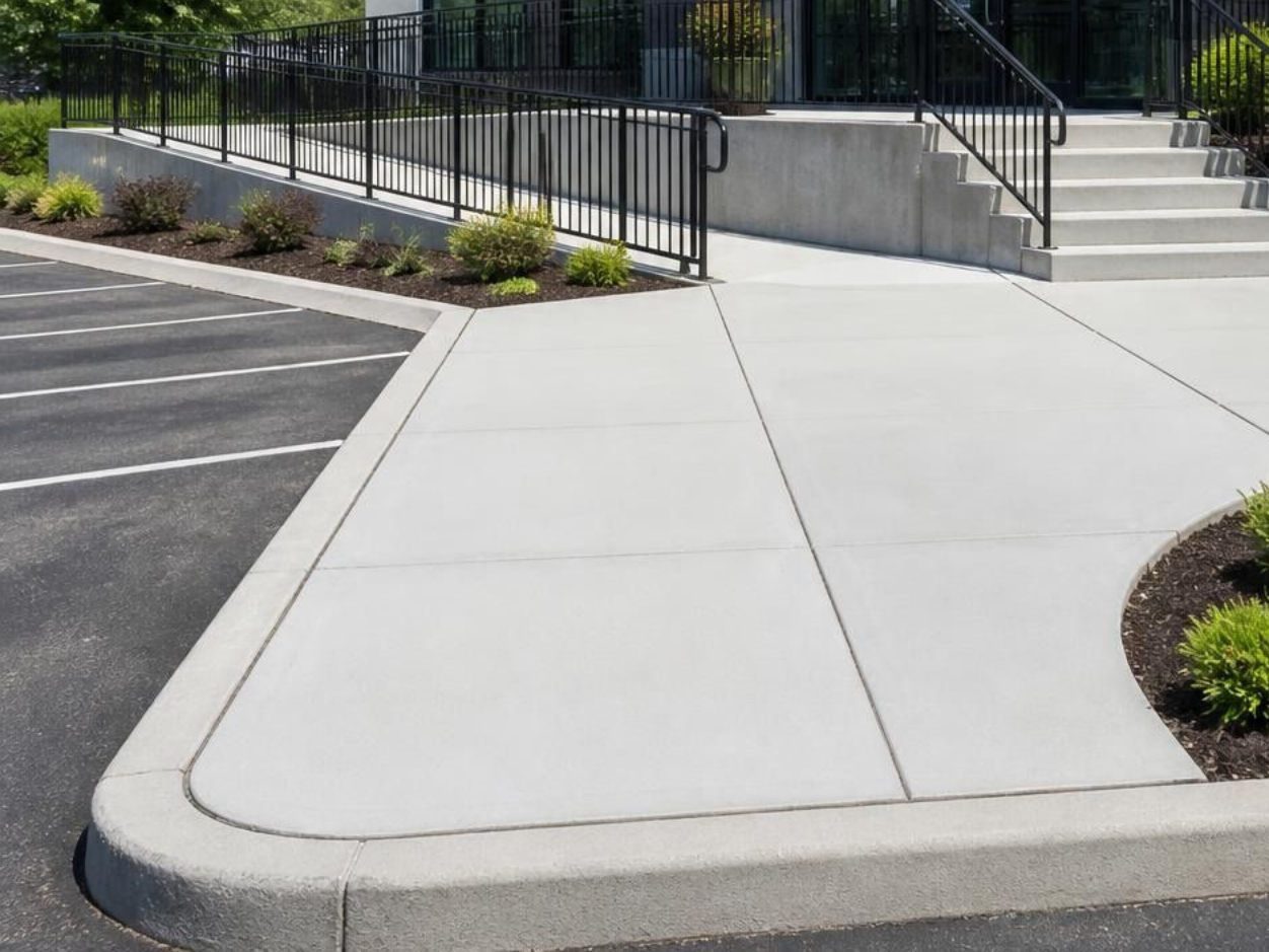 Concrete sidewalk, pathway, and stairs built for a business.