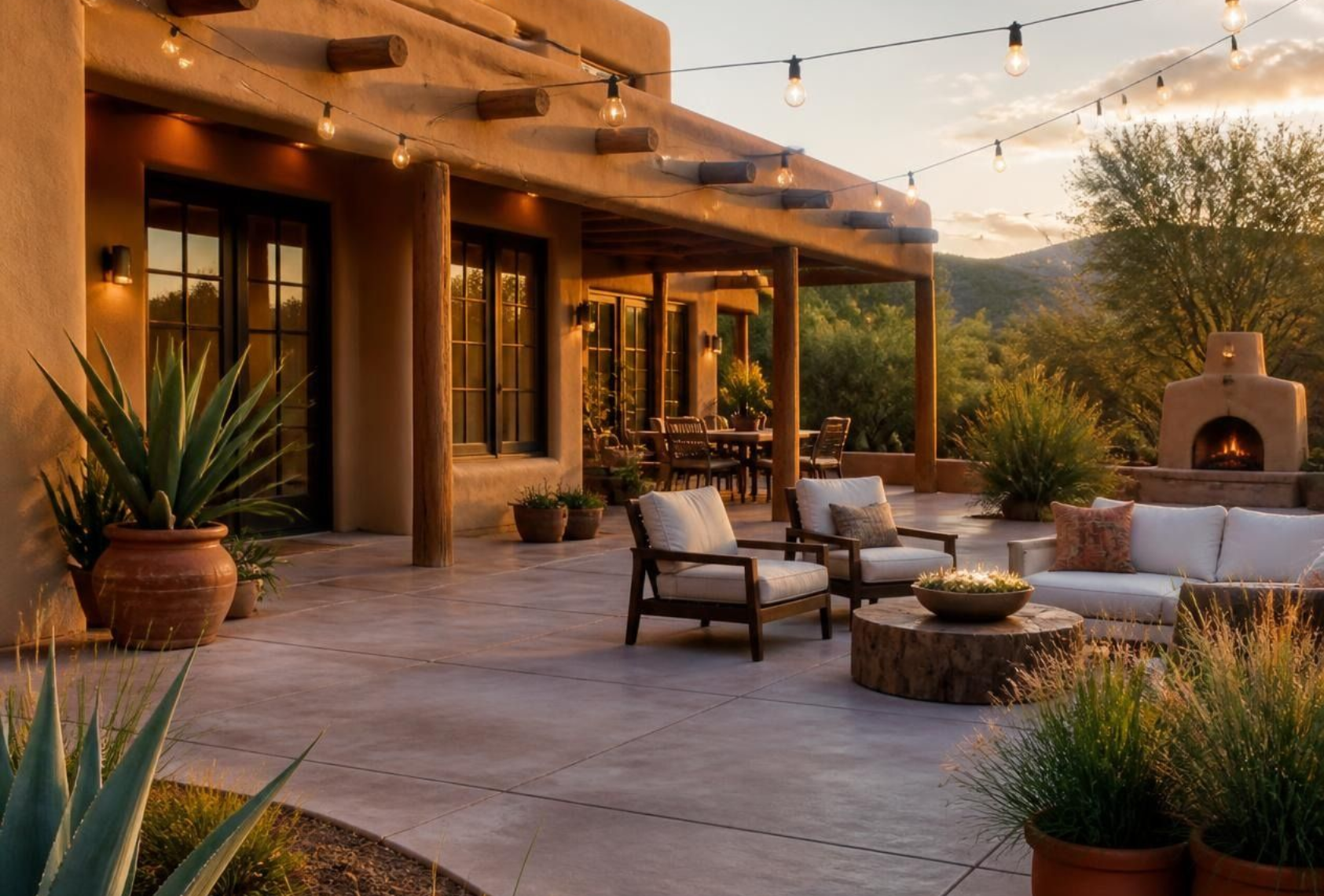 Concrete patio connected to a home in New Mexico.