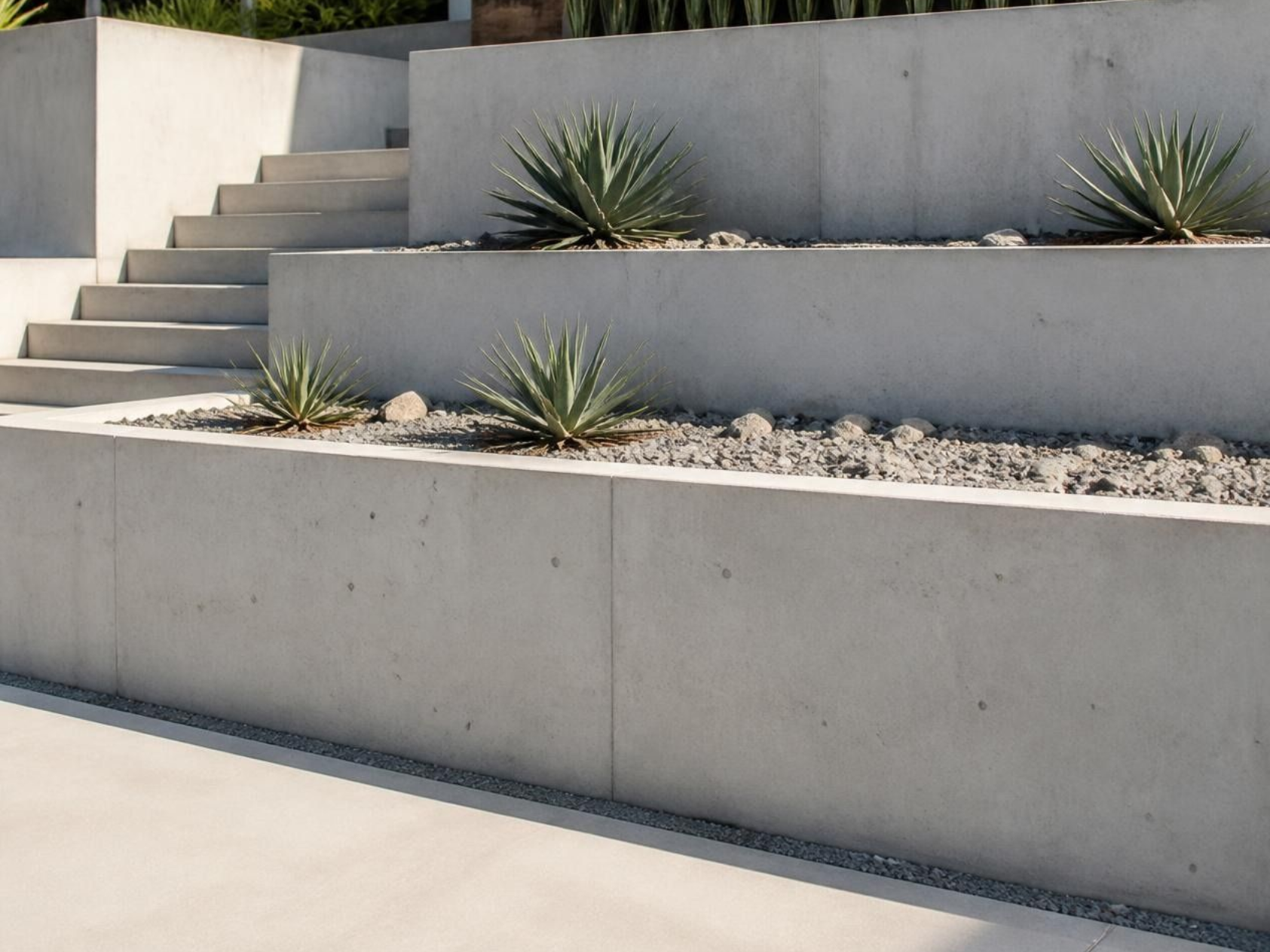 Retaining walls built to create multiple levels for plants and separate the walkway from the other side of the walls.