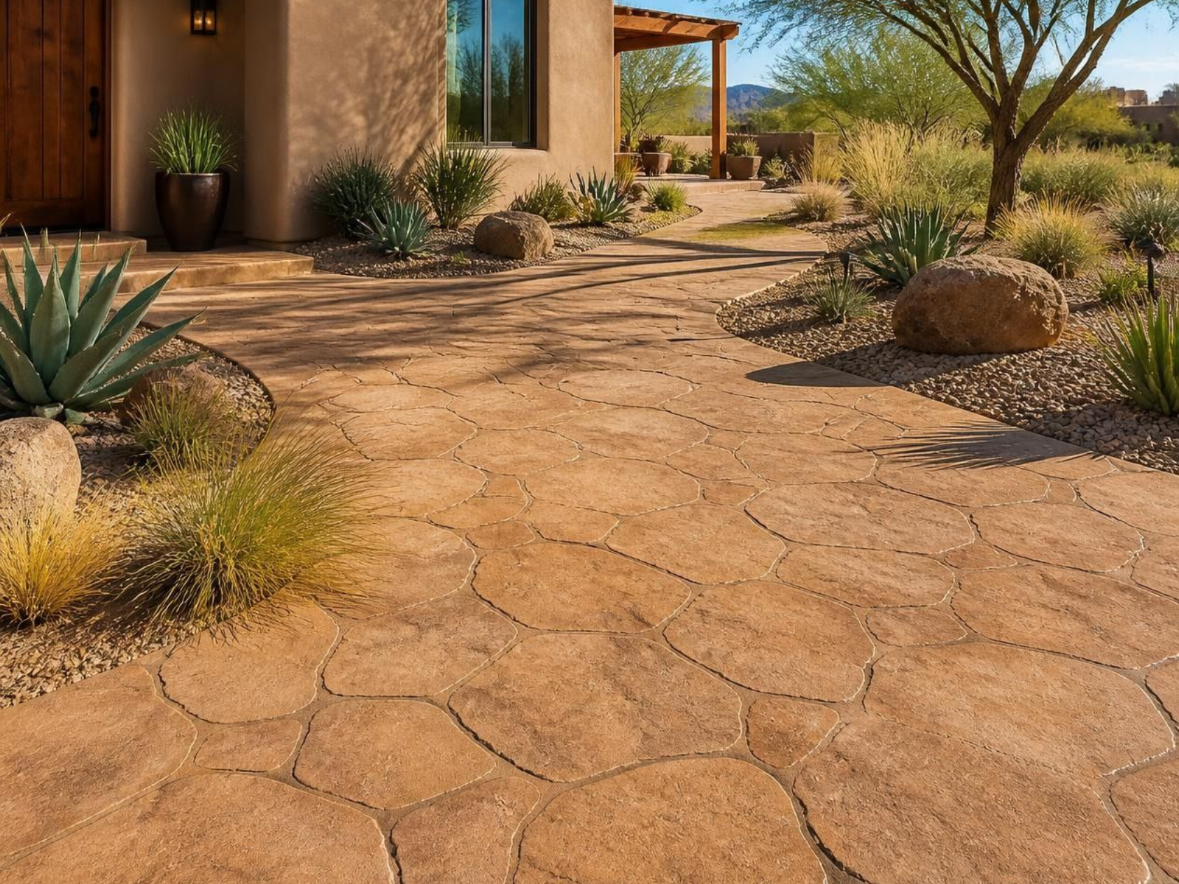 Stamped concrete made to look like stone in front of NM home.