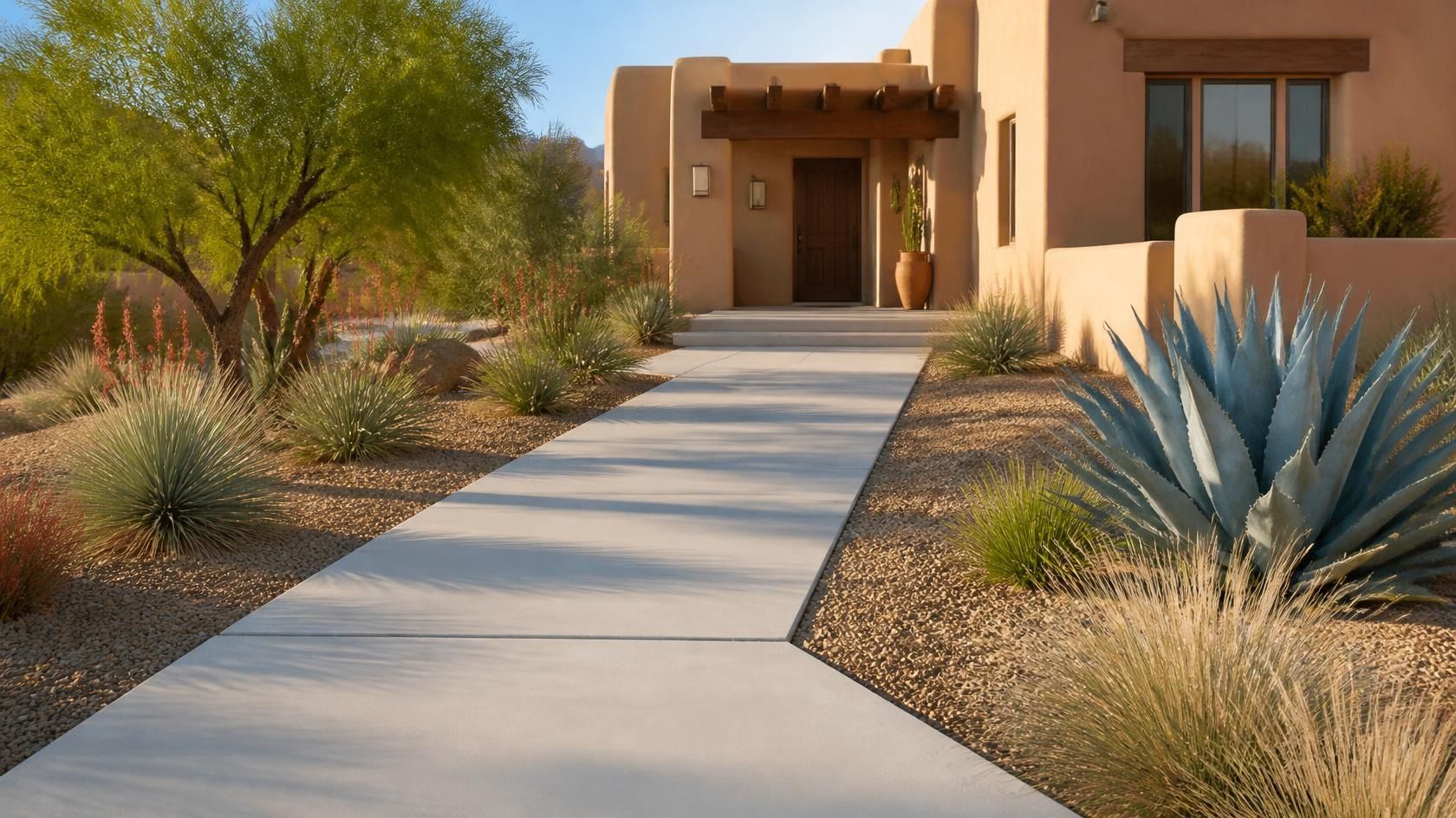 Outdoor concrete walkway that leads to a home's front door.