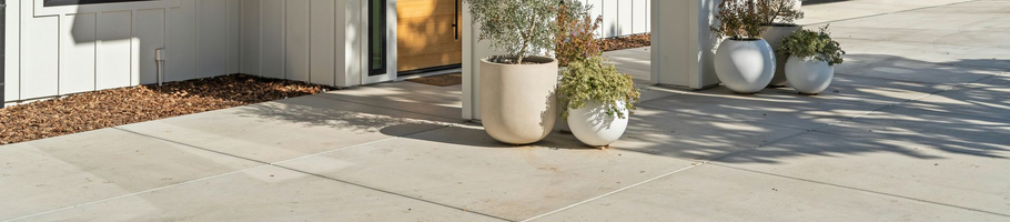 Landscaped garden border with green grass, a small palm, tan pebbles, and gray gravel walkway