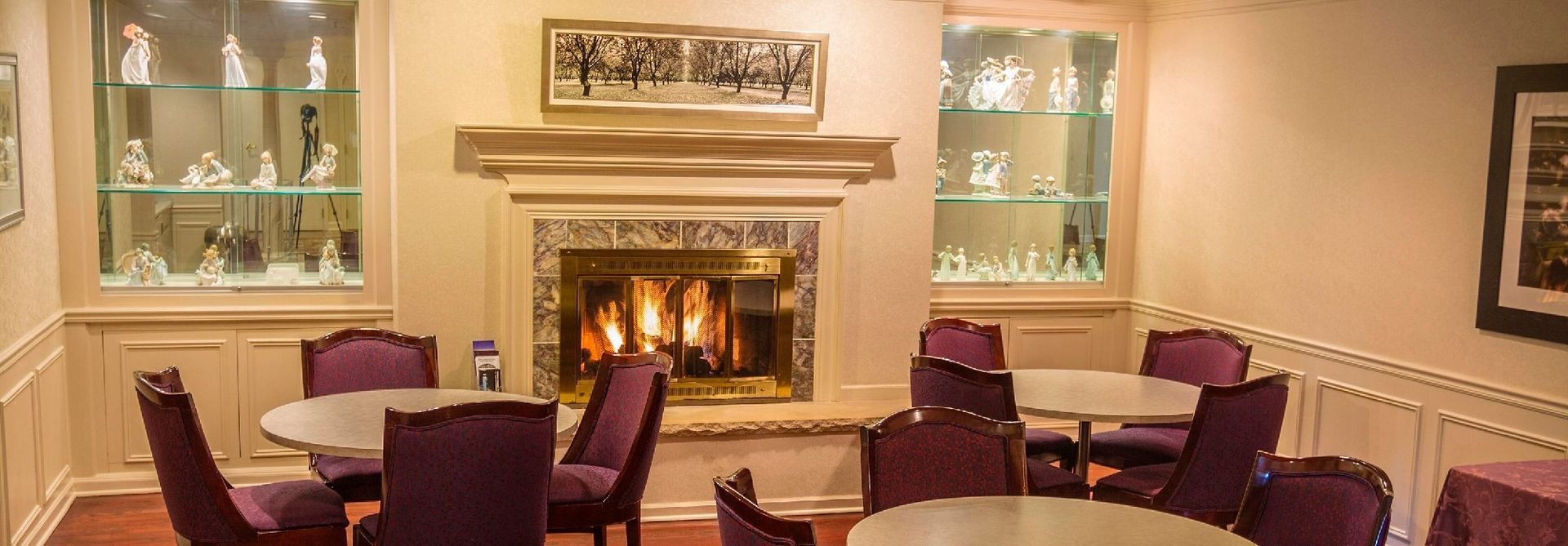Elegant lounge with a lit fireplace, purple chairs, and glass display cabinets in a cozy room.