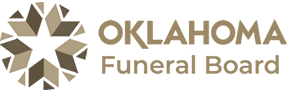 Oklahoma Funeral Board logo with tan and brown geometric emblem and text