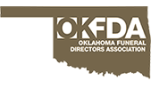 Oklahoma Funeral Directors Association logo with white text on a brown Oklahoma-shaped background