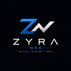 ZYRA WEB logo with blue and white stylized “ZN” on a black background