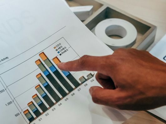 Hand pointing at a colorful bar chart on a report beside a white coffee cup and laptop