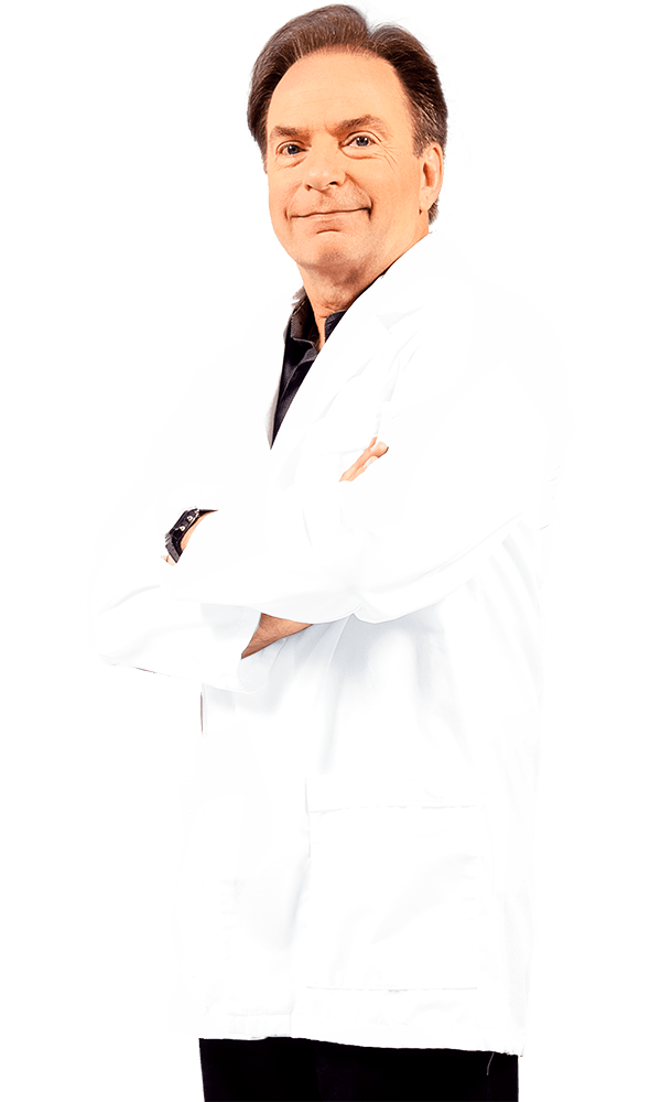 Man in a white lab coat standing with arms crossed on a plain white background