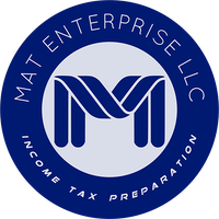Blue circular logo for MAT Enterprise LLC Income Tax Preparation with a stylized white-and-blue &ldquo;M&rdquo; in the center