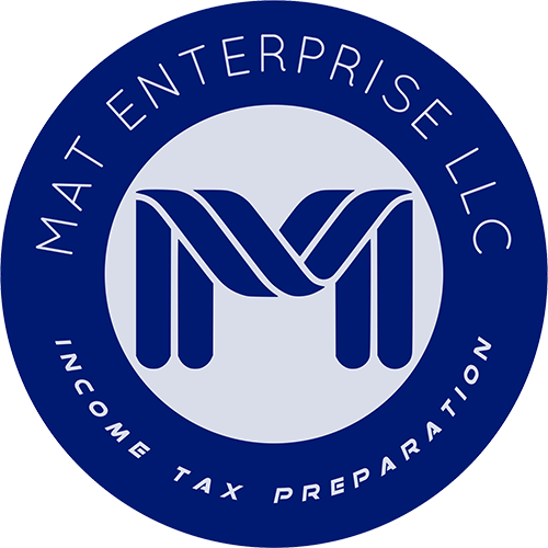 Blue circular logo for MAT Enterprise LLC Income Tax Preparation with a stylized white-and-blue &ldquo;M&rdquo; in the center