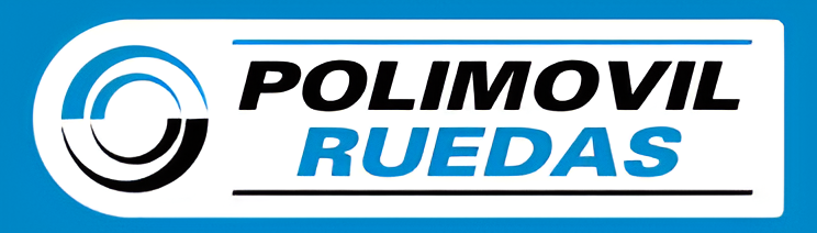 Logo de Polimovil Ruedas en azul y negro sobre fondo blanco, con icono circular y línea azul.