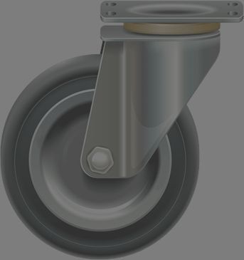 Rueda giratoria gris con soporte metálico y neumático de goma negro.