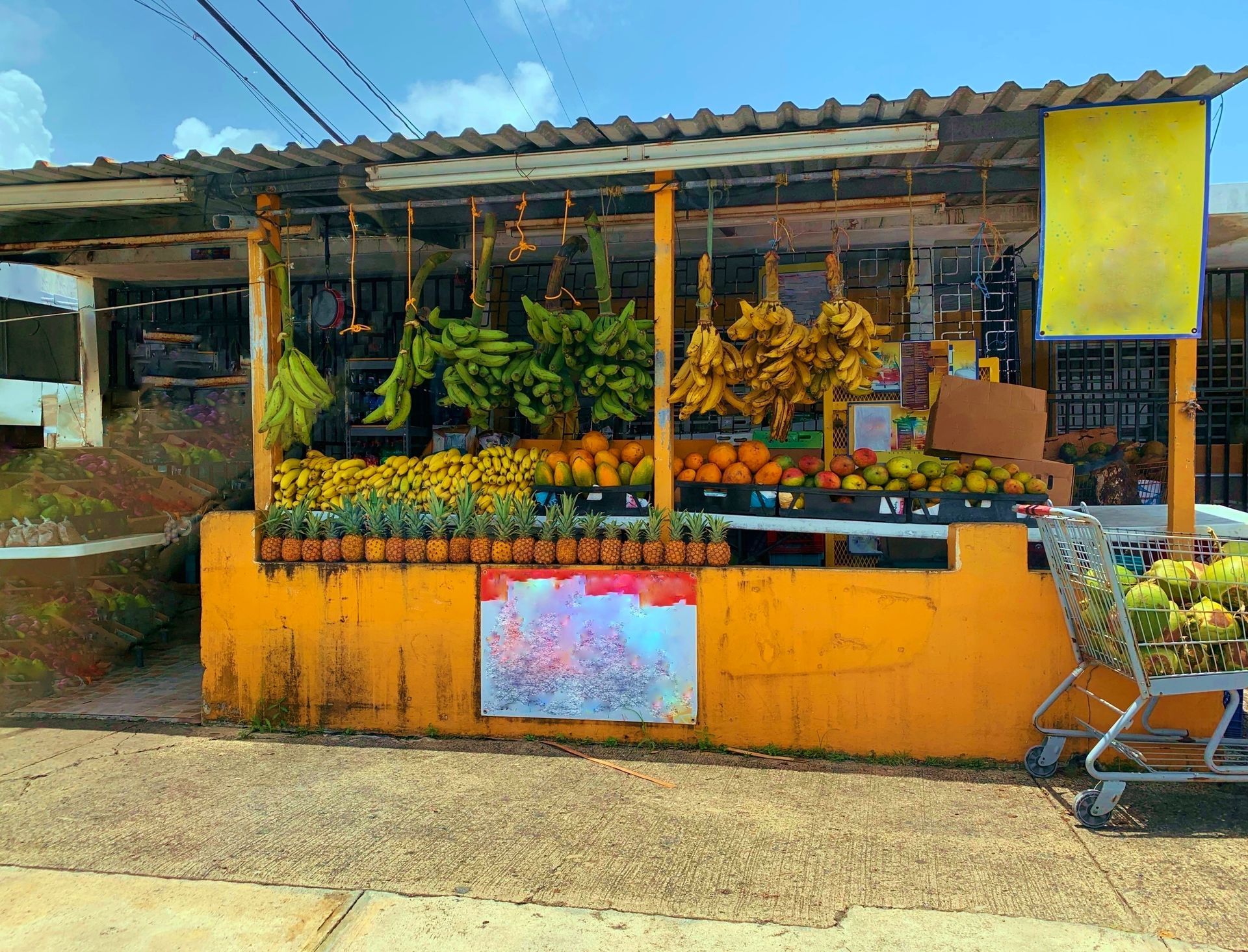 Street-side plant stall with colorful potted flowers under a rustic roof and yellow front wall