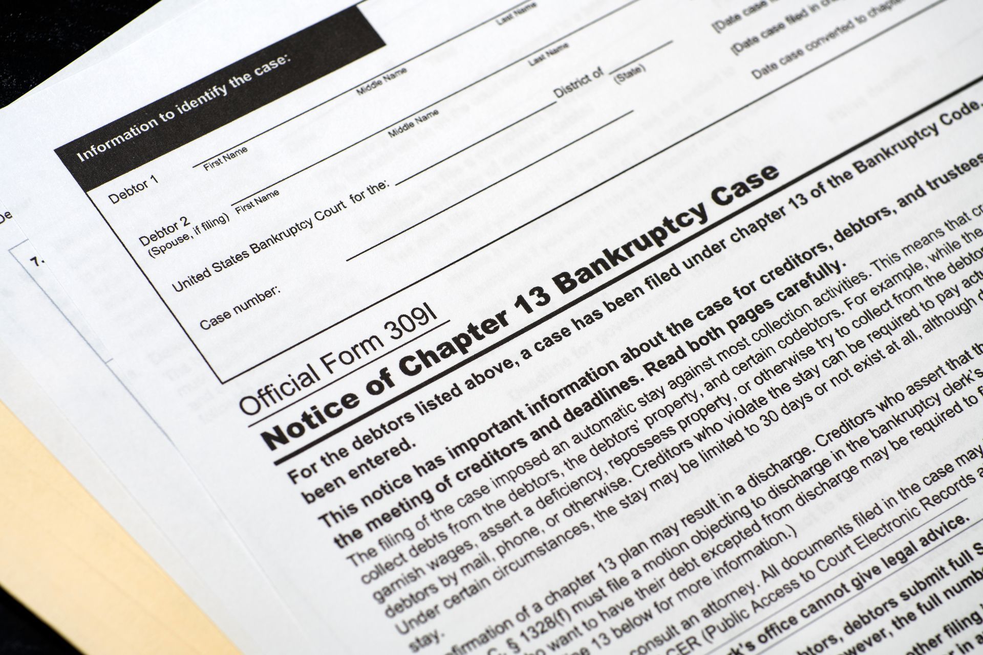Official Form 309I, a Chapter 13 Bankruptcy Case notice on paper, stacked in a file.