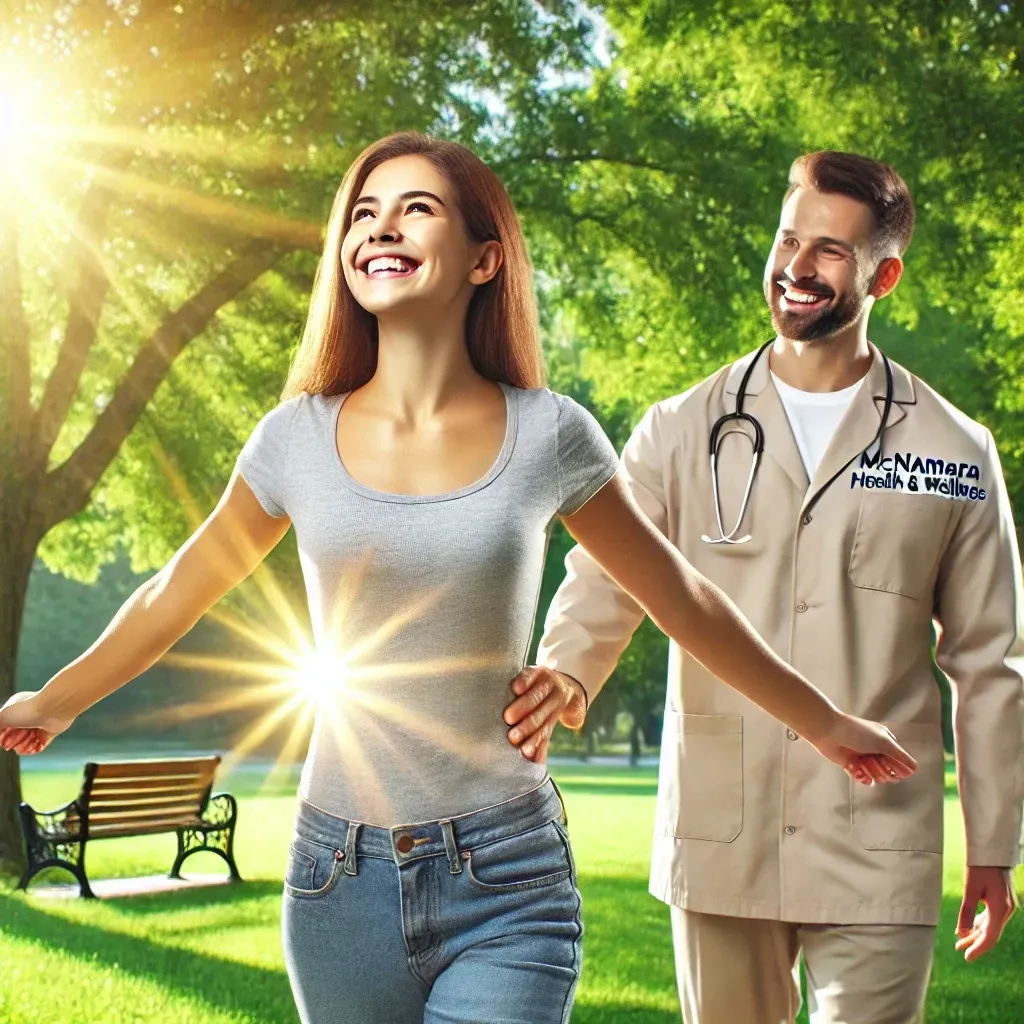A happy patient walking with improved posture and back pain relief after receiving chiropractic care at McNamara Health & Wellness.