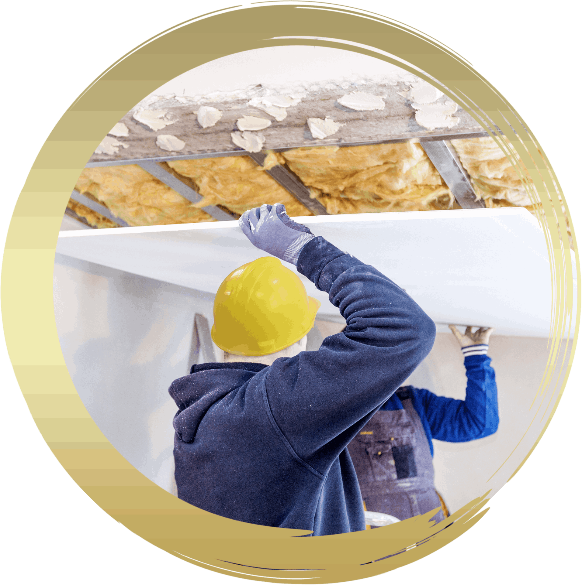 a man wearing a hard hat is working on a ceiling