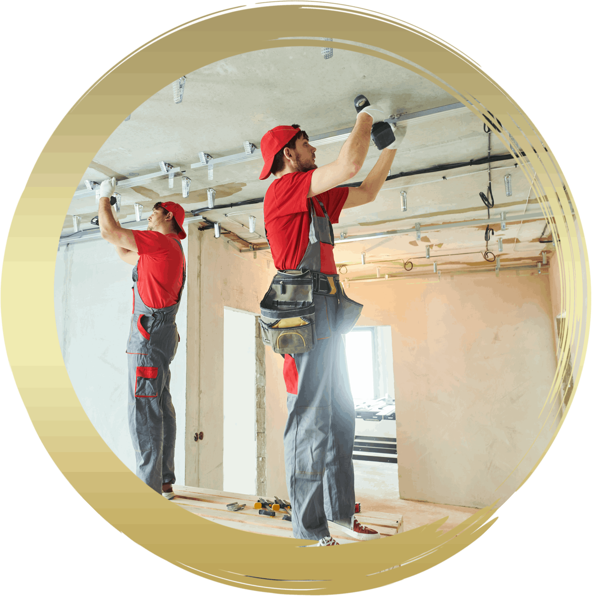 two men are working on a ceiling in a room