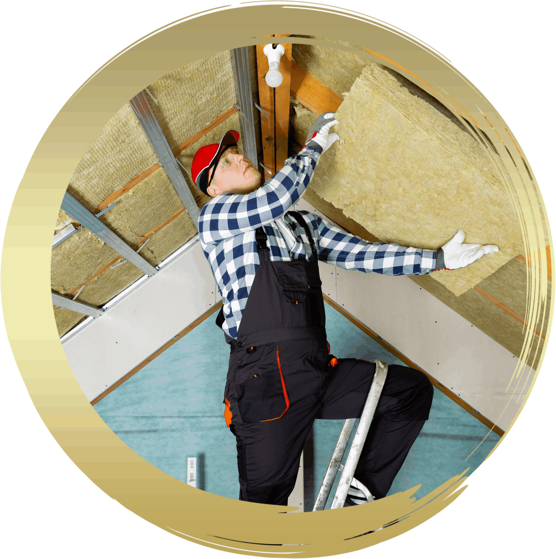a man is sitting on a ladder holding a piece of rock wool