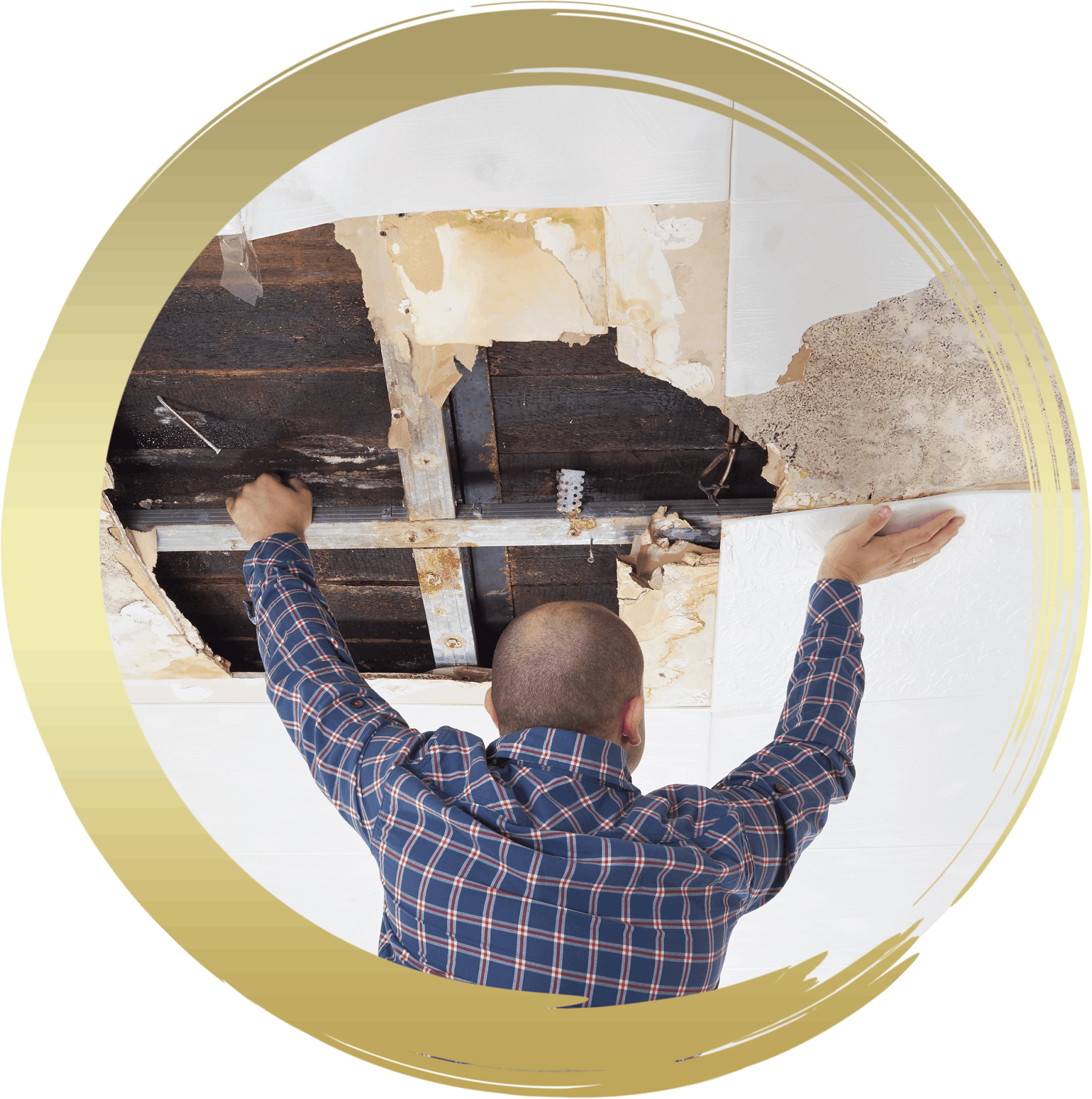 a man in a plaid shirt is working on a ceiling