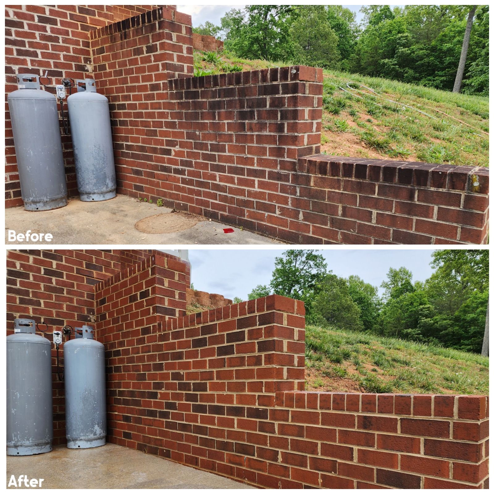 Before and after images of a brick wall cleaned of black stains. The tanks in the corner are also cleaned.
