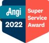 Angi Super Service Award badge, 2022. Teal, blue, and red colors with white text.