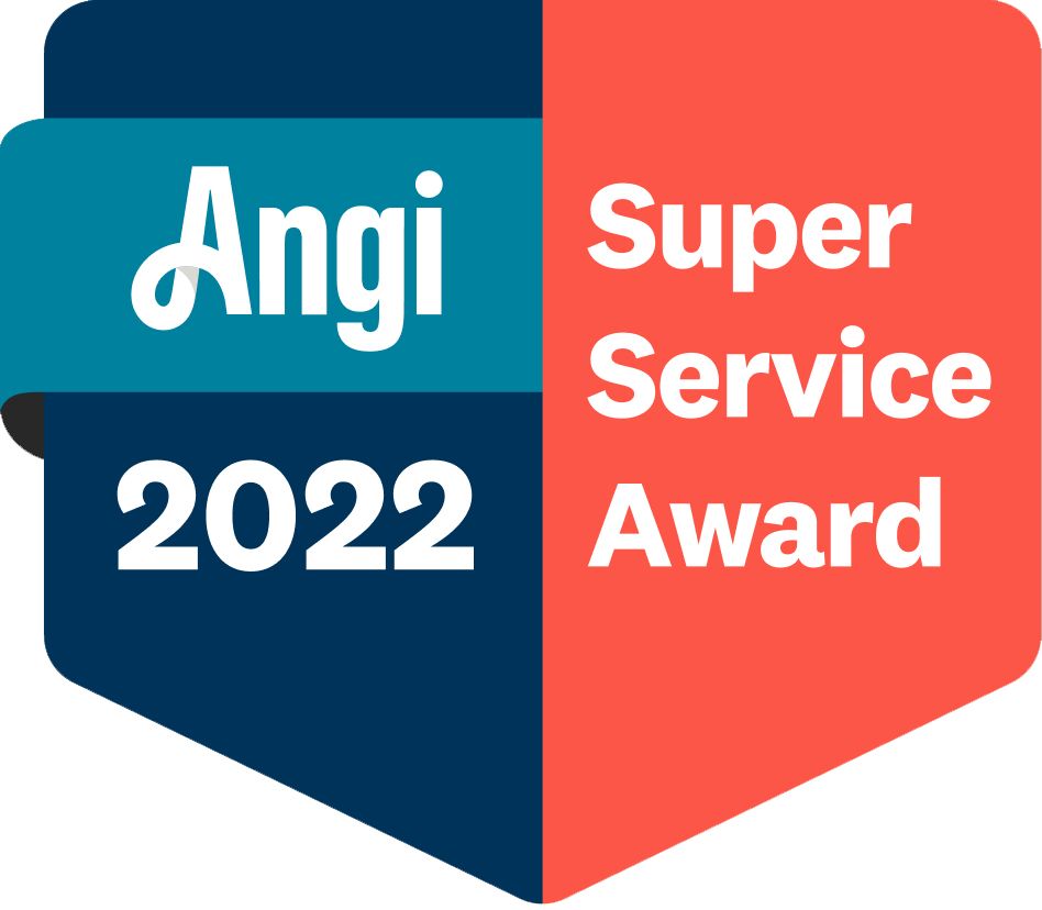 Angi Super Service Award badge, 2022. Teal, blue, and red colors with white text.
