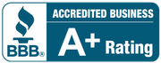 BBB Accredited Business, A+ Rating. Blue and white logo.