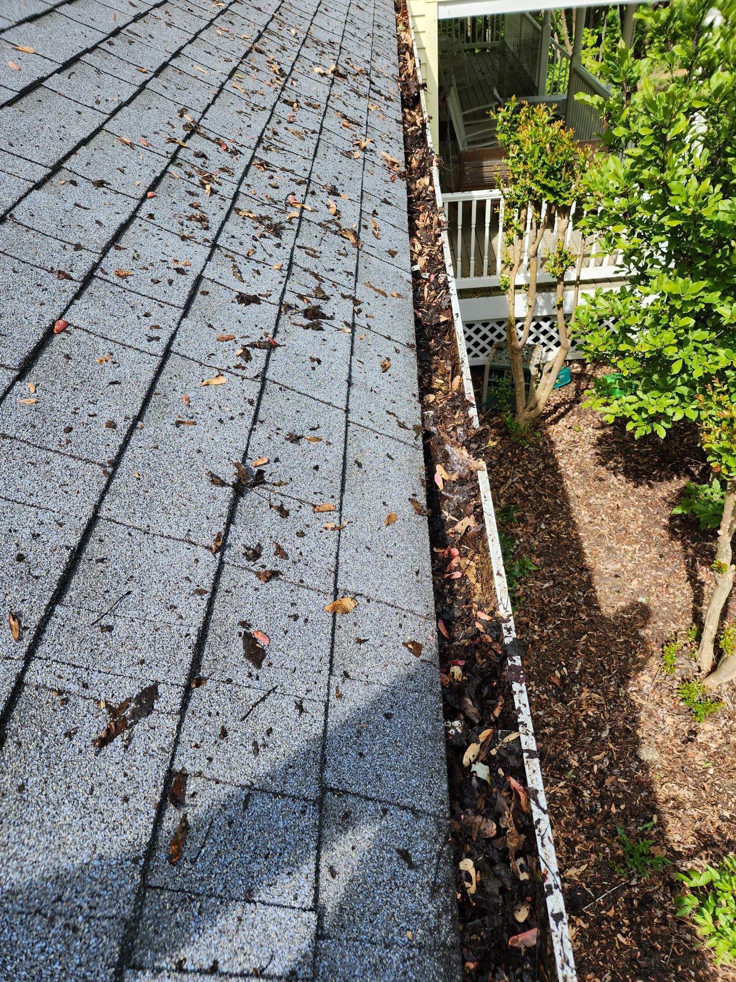 Roof with debris and overflowing gutter, near a deck and trees.