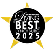 Lynchburg Living Best of 2025 award logo: black circle with text, gold starburst.