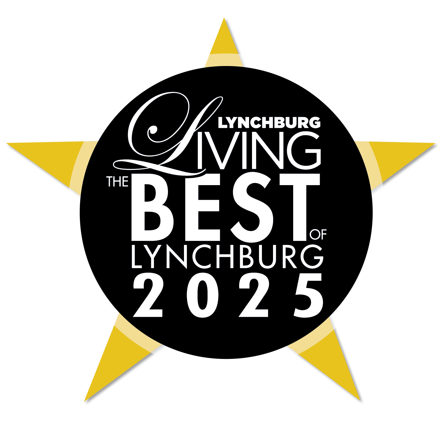 Lynchburg Living Best of 2025 award logo: black circle with text, gold starburst.