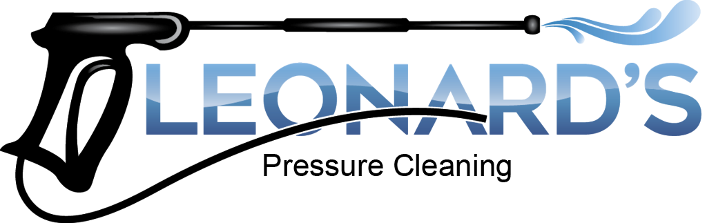 Logo: pressure washer with the name "LEONARD'S" and "Pressure Cleaning". Blue and black.